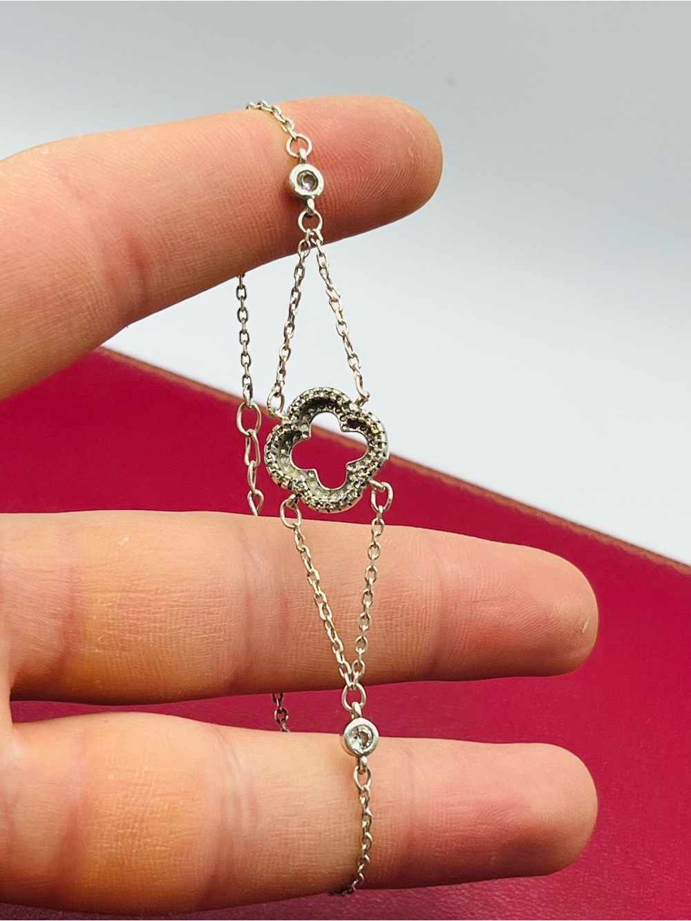 Delicate Silver Clover Pendant Chain Bracelet - White Crystal Accents